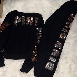 PINK Victoria's Secret Black Sequin Sweatsuit Top & Bottom Size Small